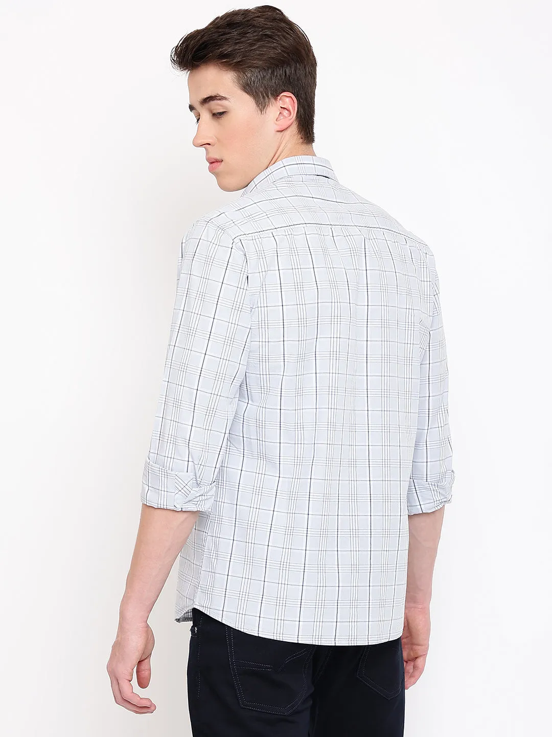 Men's Light Grey Casual Medium Checks Full Sleeve Shirt