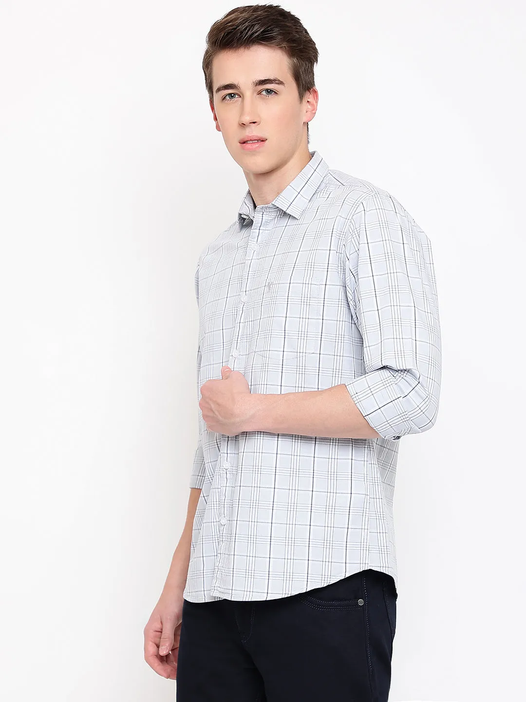 Men's Light Grey Casual Medium Checks Full Sleeve Shirt