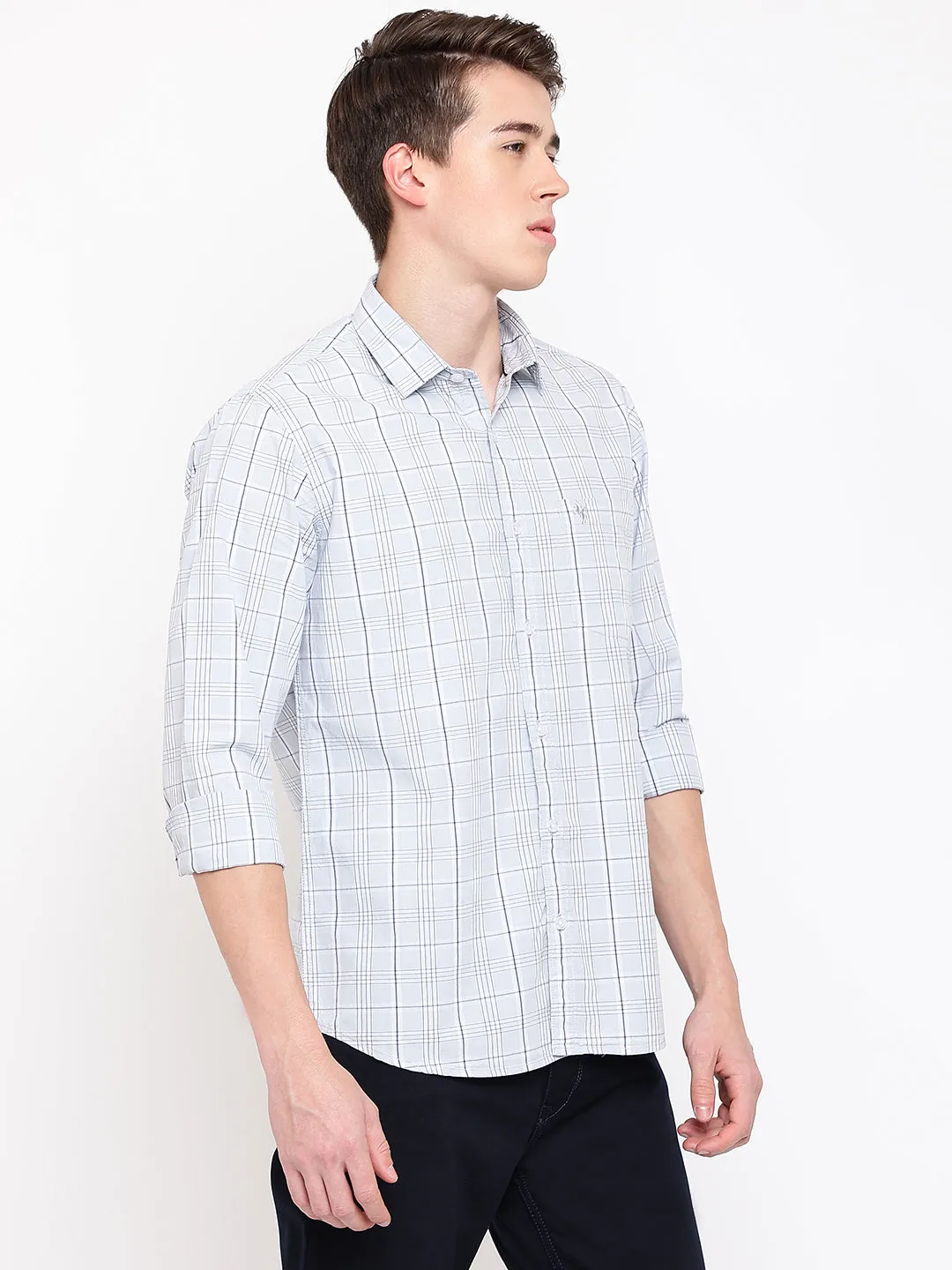 Men's Light Grey Casual Medium Checks Full Sleeve Shirt