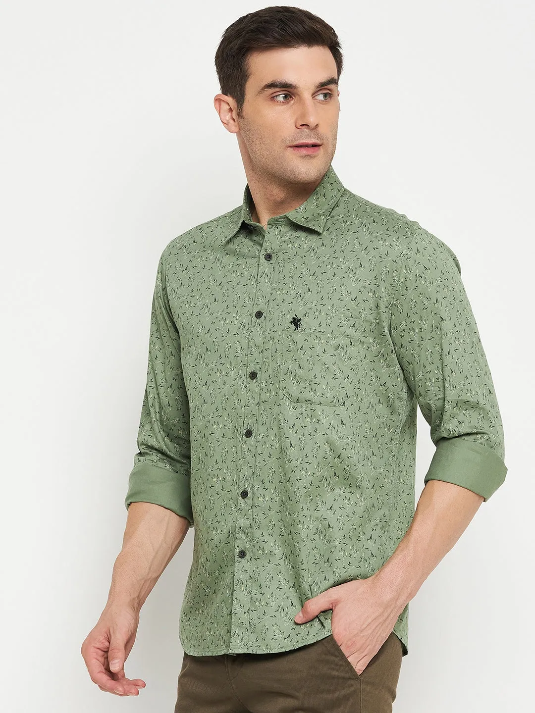 Men's Light Olive Casual Floral Print Full Sleeve Shirt