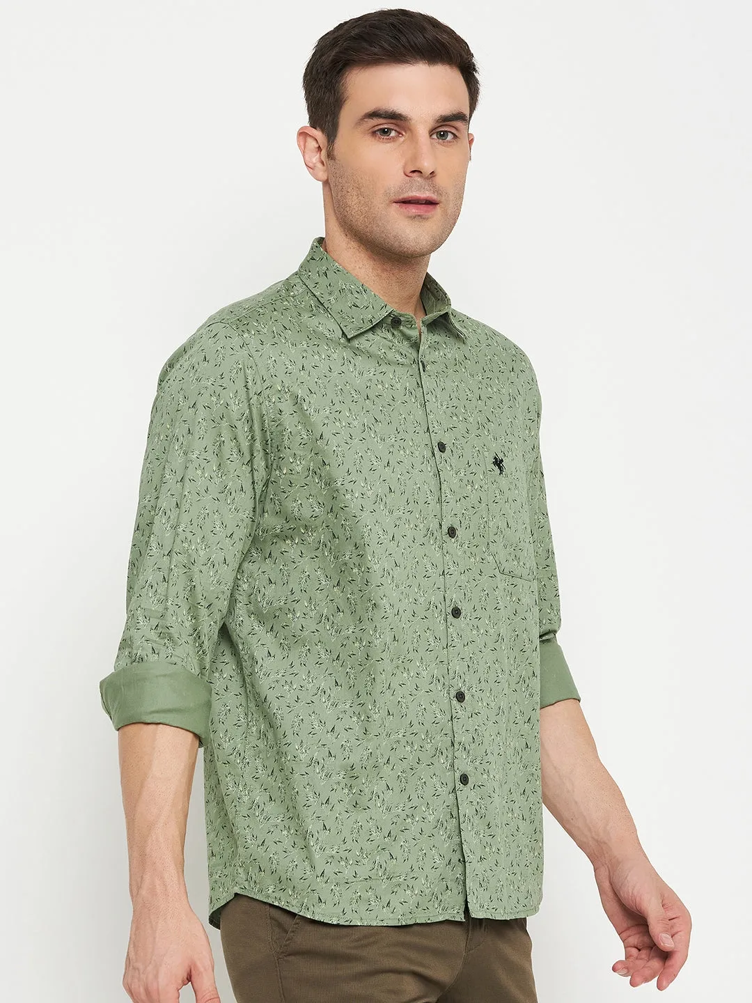 Men's Light Olive Casual Floral Print Full Sleeve Shirt