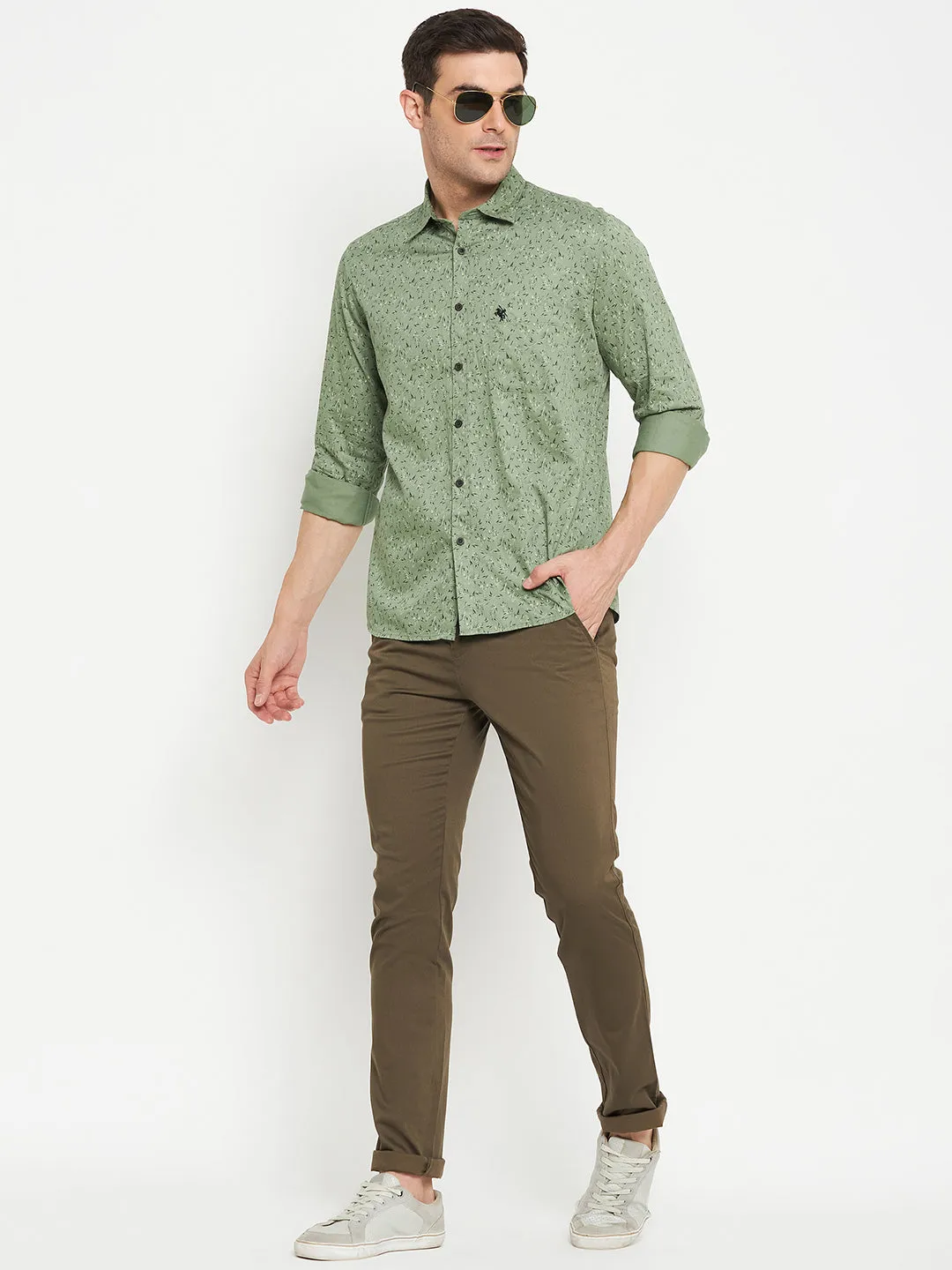 Men's Light Olive Casual Floral Print Full Sleeve Shirt