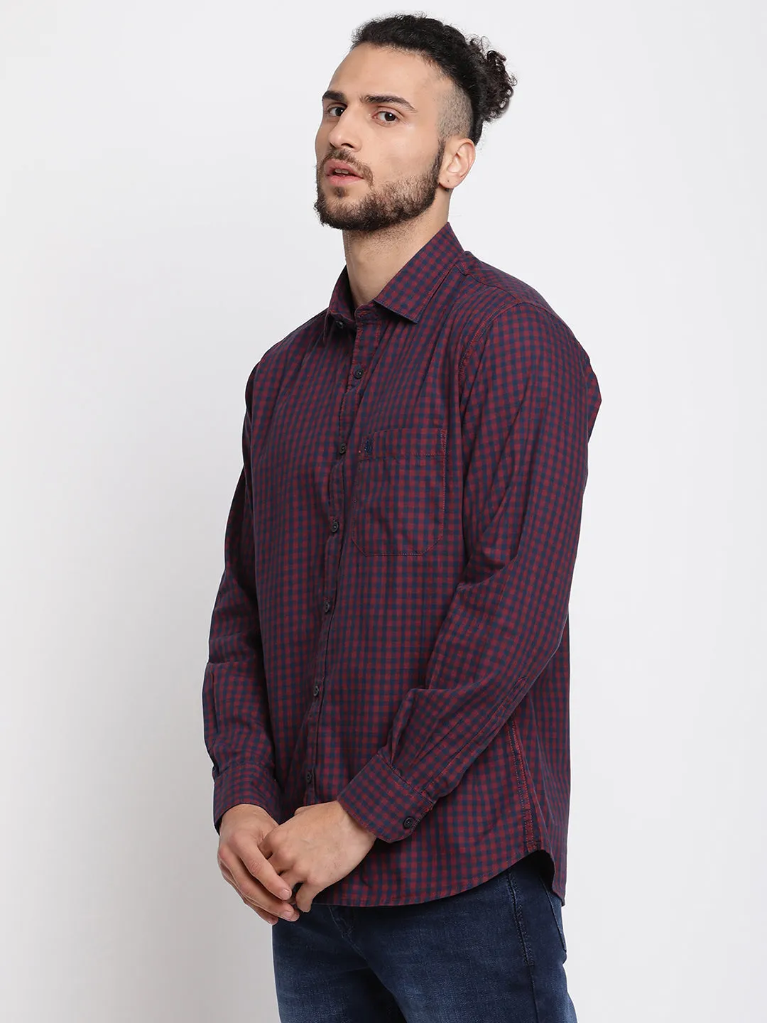 Men's Mustard Casual Small Checks Full Sleeve Shirt