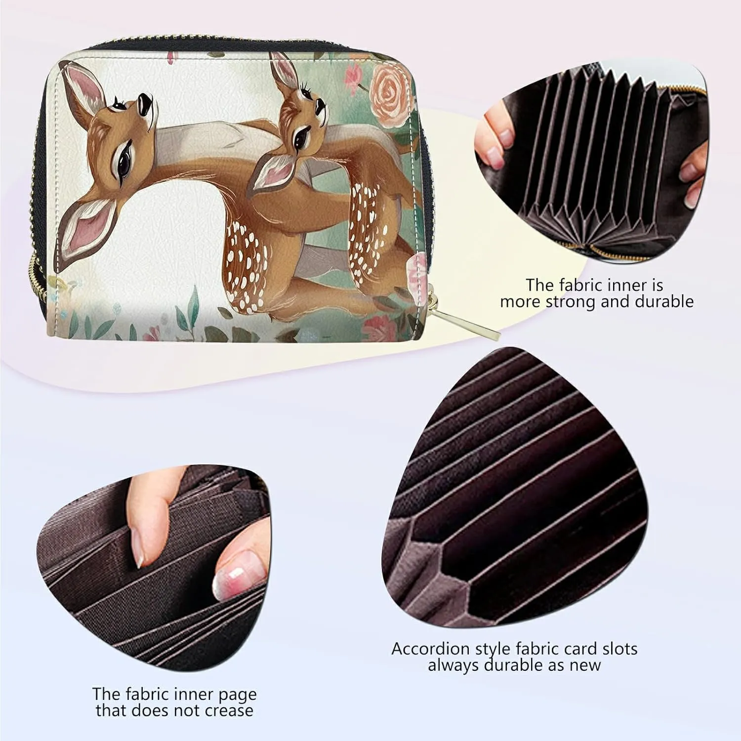 Mini Credit Card Holder Wallet for Women, RFID Blocking Small Card Case 12 Slots  2 Cash Coin Pocket Accordion Zipper Card Holder, Baby Deer Card Organizer Case