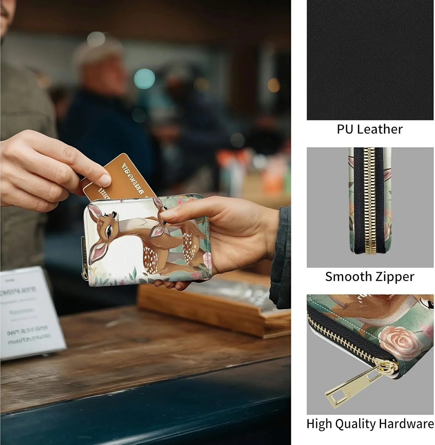 Mini Credit Card Holder Wallet for Women, RFID Blocking Small Card Case 12 Slots  2 Cash Coin Pocket Accordion Zipper Card Holder, Baby Deer Card Organizer Case