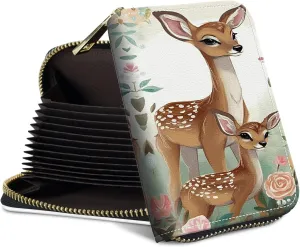 Mini Credit Card Holder Wallet for Women, RFID Blocking Small Card Case 12 Slots  2 Cash Coin Pocket Accordion Zipper Card Holder, Baby Deer Card Organizer Case