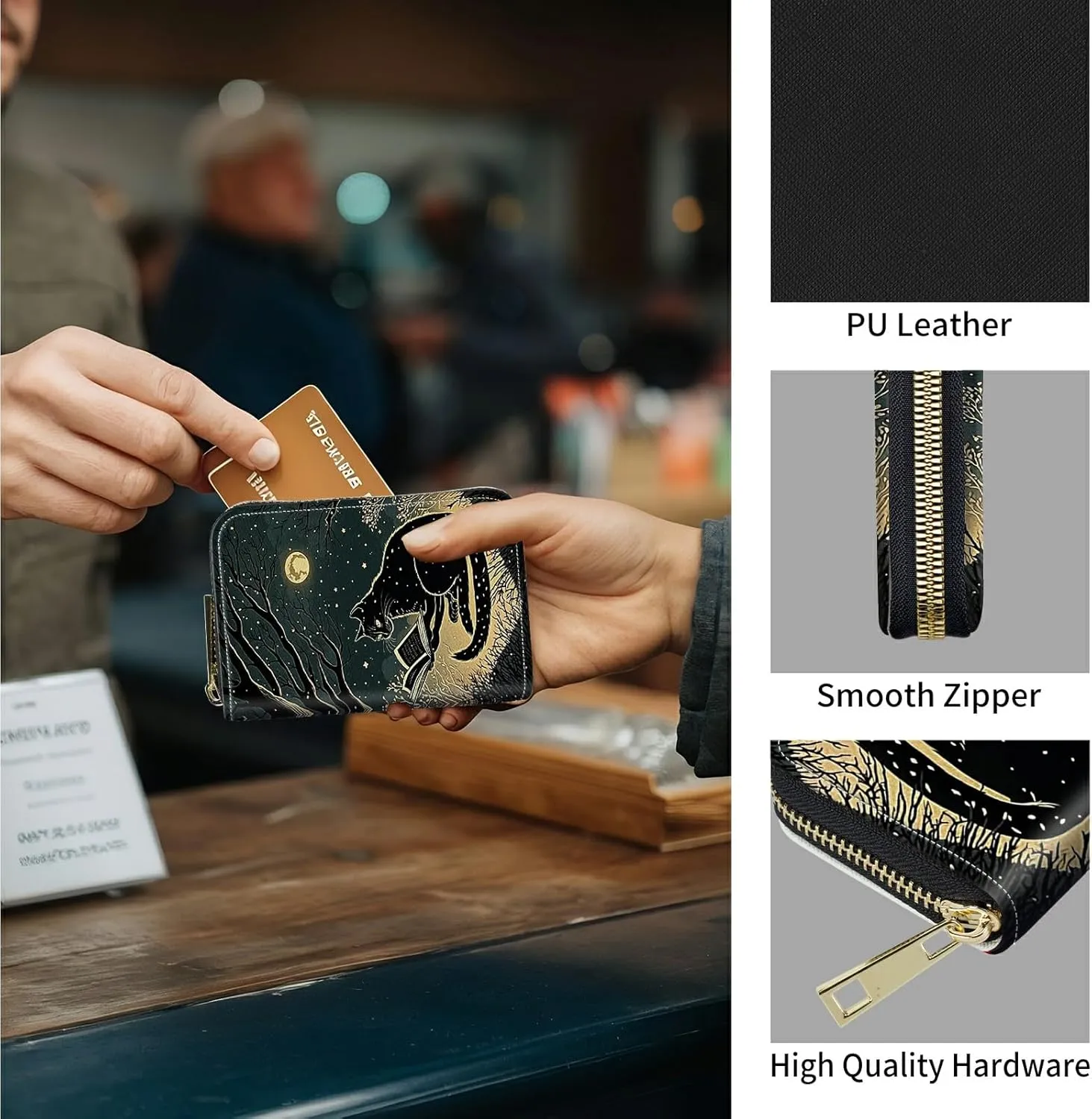 Mini Credit Card Holder Wallet for Women, RFID Blocking Small Card Case 12 Slots  2 Cash Coin Pocket Accordion Zipper Card Holder, Black Cat Book Card Organizer Case