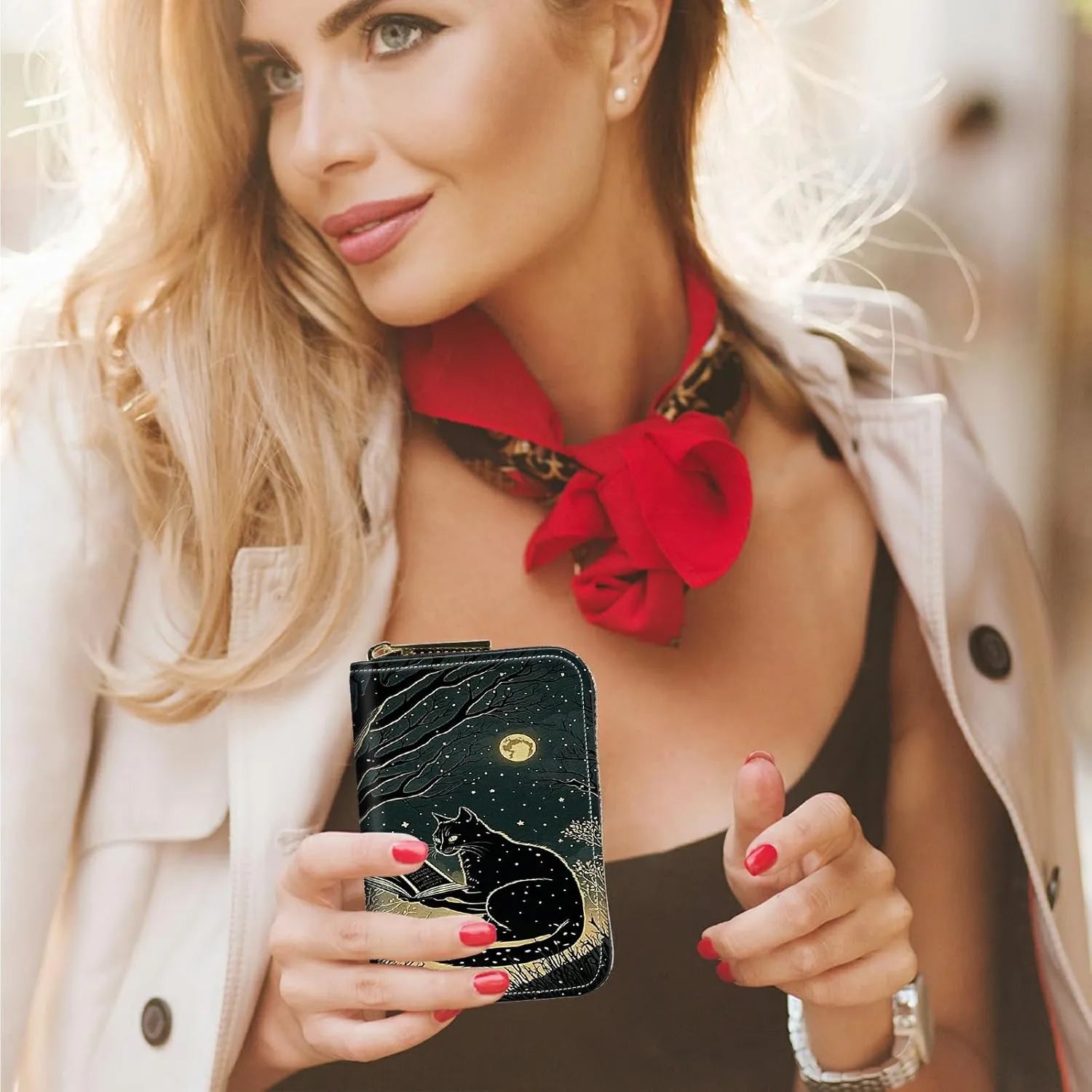 Mini Credit Card Holder Wallet for Women, RFID Blocking Small Card Case 12 Slots  2 Cash Coin Pocket Accordion Zipper Card Holder, Black Cat Book Card Organizer Case