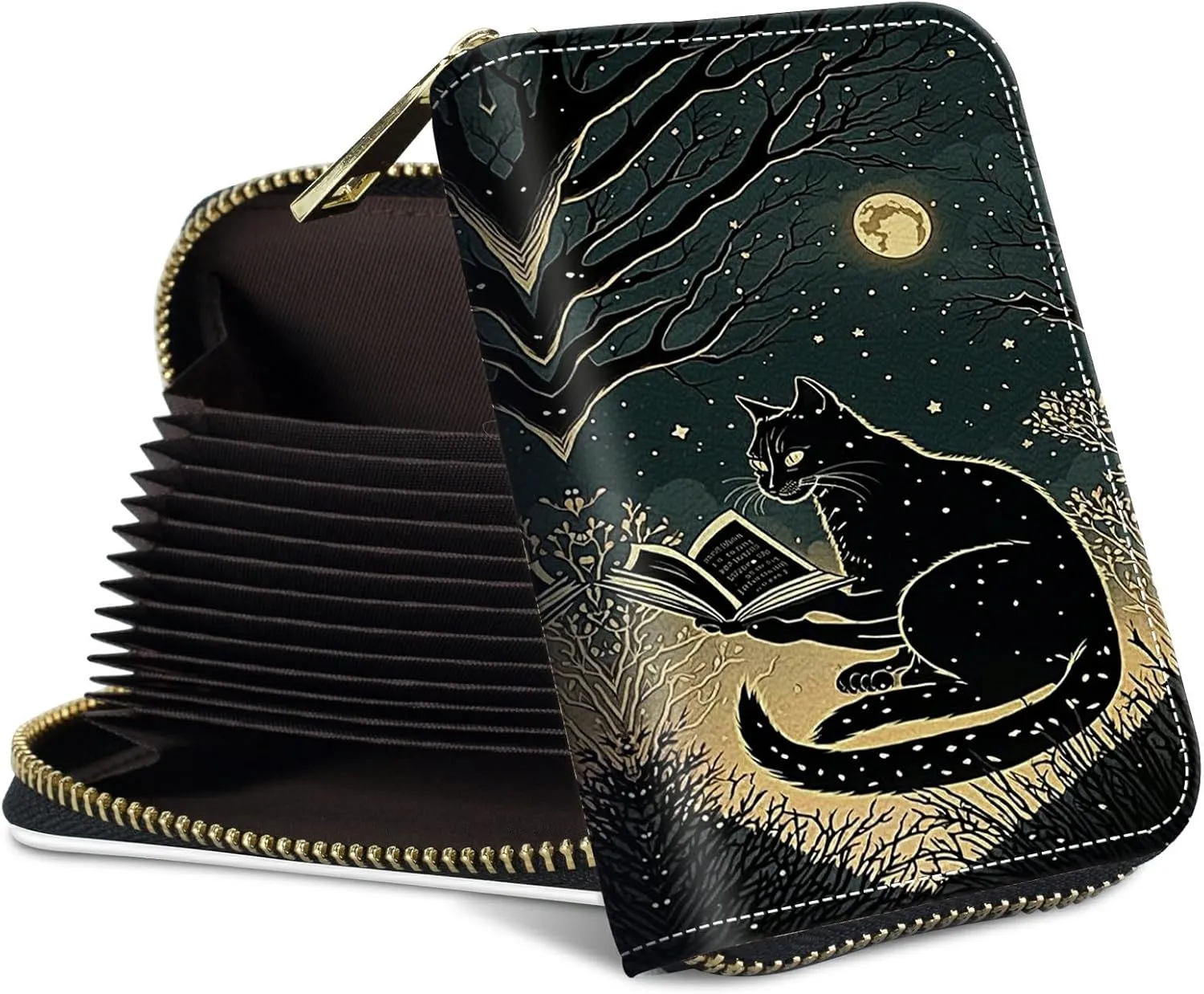 Mini Credit Card Holder Wallet for Women, RFID Blocking Small Card Case 12 Slots  2 Cash Coin Pocket Accordion Zipper Card Holder, Black Cat Book Card Organizer Case