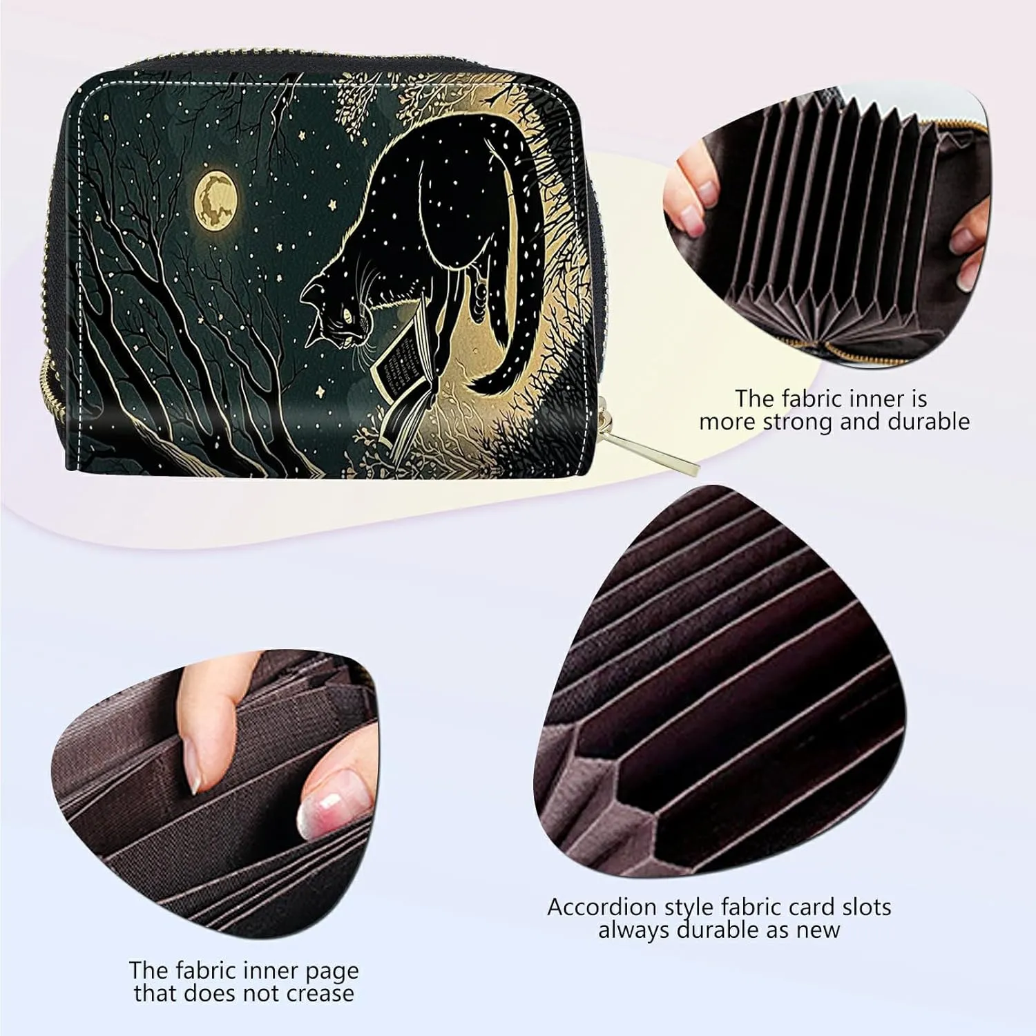 Mini Credit Card Holder Wallet for Women, RFID Blocking Small Card Case 12 Slots  2 Cash Coin Pocket Accordion Zipper Card Holder, Black Cat Book Card Organizer Case