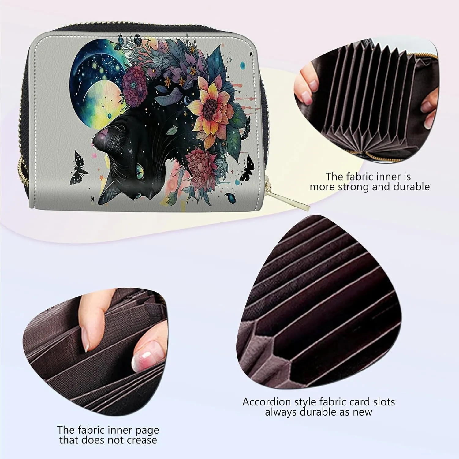 Mini Credit Card Holder Wallet for Women, RFID Blocking Small Card Case 12 Slots  2 Cash Coin Pocket Accordion Zipper Card Holder, Black Cat Moon Butterfly Card Organizer Case