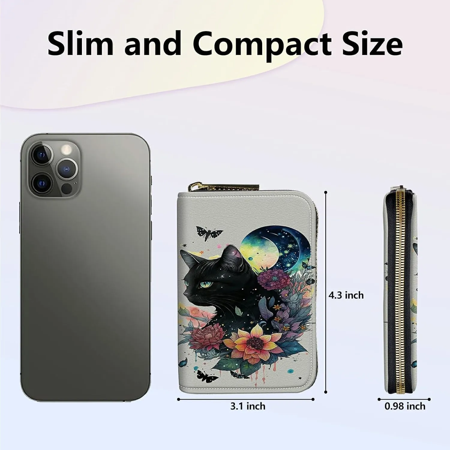 Mini Credit Card Holder Wallet for Women, RFID Blocking Small Card Case 12 Slots  2 Cash Coin Pocket Accordion Zipper Card Holder, Black Cat Moon Butterfly Card Organizer Case