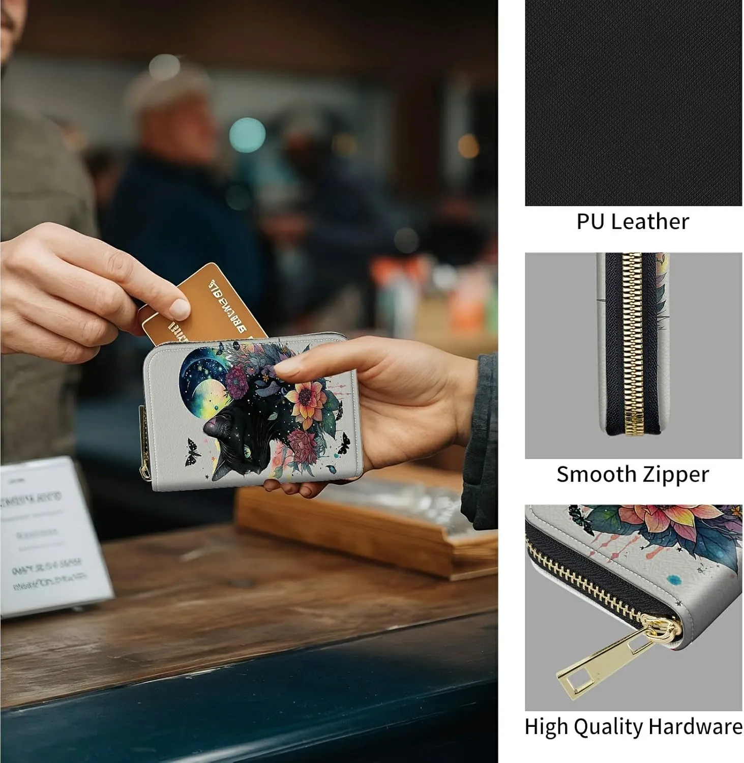 Mini Credit Card Holder Wallet for Women, RFID Blocking Small Card Case 12 Slots  2 Cash Coin Pocket Accordion Zipper Card Holder, Black Cat Moon Butterfly Card Organizer Case