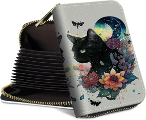 Mini Credit Card Holder Wallet for Women, RFID Blocking Small Card Case 12 Slots  2 Cash Coin Pocket Accordion Zipper Card Holder, Black Cat Moon Butterfly Card Organizer Case