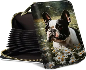 Mini Credit Card Holder Wallet for Women, RFID Blocking Small Card Case 12 Slots  2 Cash Coin Pocket Accordion Zipper Card Holder, Bulldog Daisy Card Organizer Case