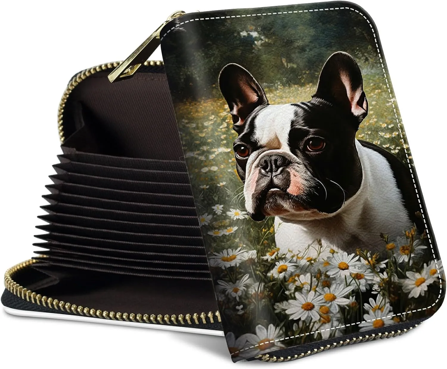 Mini Credit Card Holder Wallet for Women, RFID Blocking Small Card Case 12 Slots  2 Cash Coin Pocket Accordion Zipper Card Holder, Bulldog Daisy Card Organizer Case