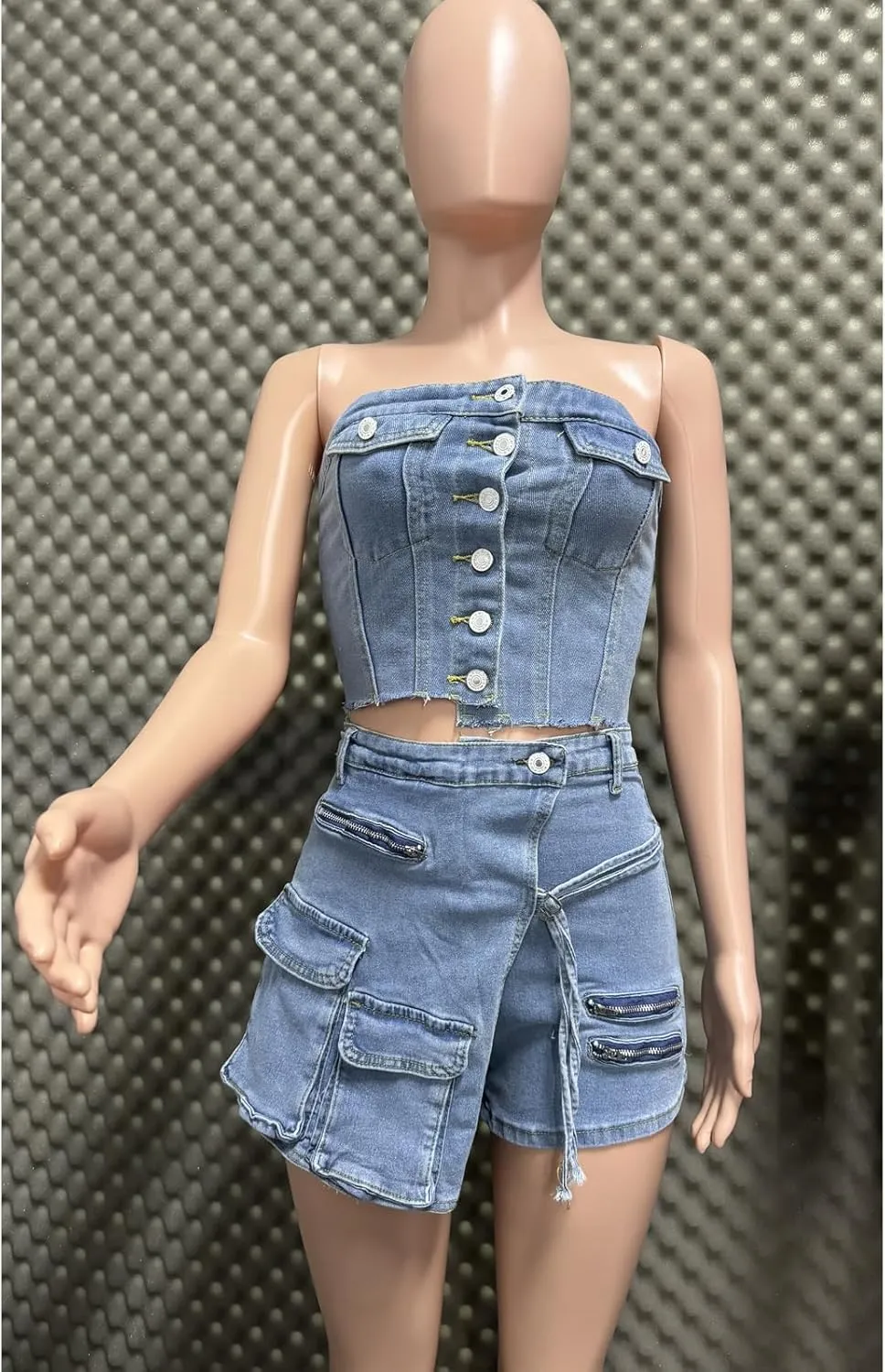 Molilove Women's Denim 2 Piece Outfits Button Tube Top and Cargo Shorts with Pockets Summer Sexy Jeans Shorts Set Tracksuits