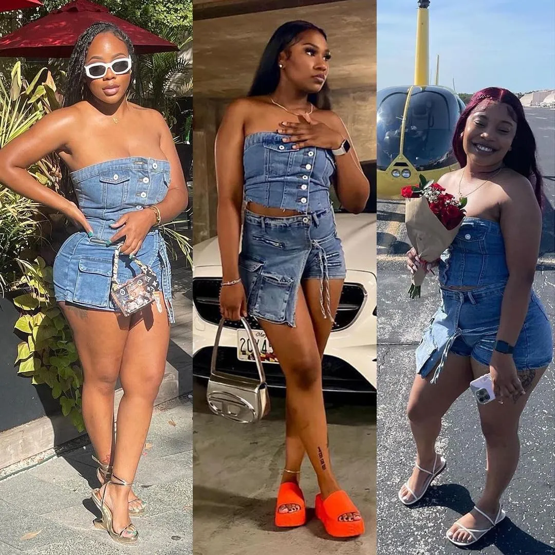 Molilove Women's Denim 2 Piece Outfits Button Tube Top and Cargo Shorts with Pockets Summer Sexy Jeans Shorts Set Tracksuits