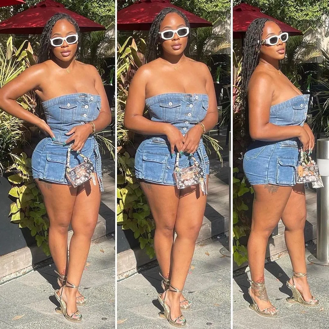 Molilove Women's Denim 2 Piece Outfits Button Tube Top and Cargo Shorts with Pockets Summer Sexy Jeans Shorts Set Tracksuits