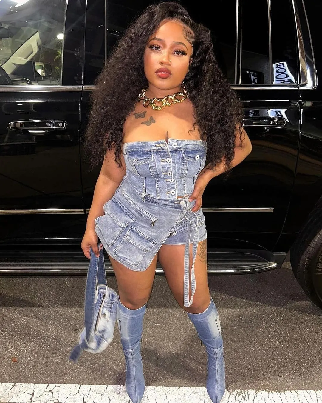 Molilove Women's Denim 2 Piece Outfits Button Tube Top and Cargo Shorts with Pockets Summer Sexy Jeans Shorts Set Tracksuits