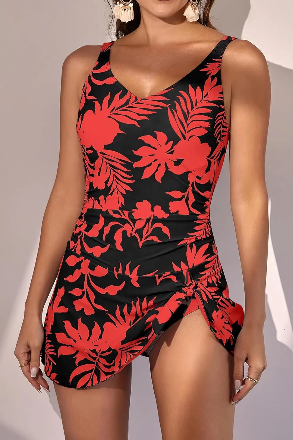 One Piece Swim Dress Swimsuits for Women Tummy Control Swimdress Skirt V Neck Bathing Suit
