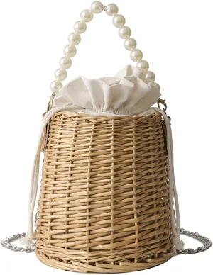 Pearl Crossbody Bucket Handbag Handwoven Mini Straw Basket Vintage Beach Bag Satchel Style Travel Vacation Daily Use