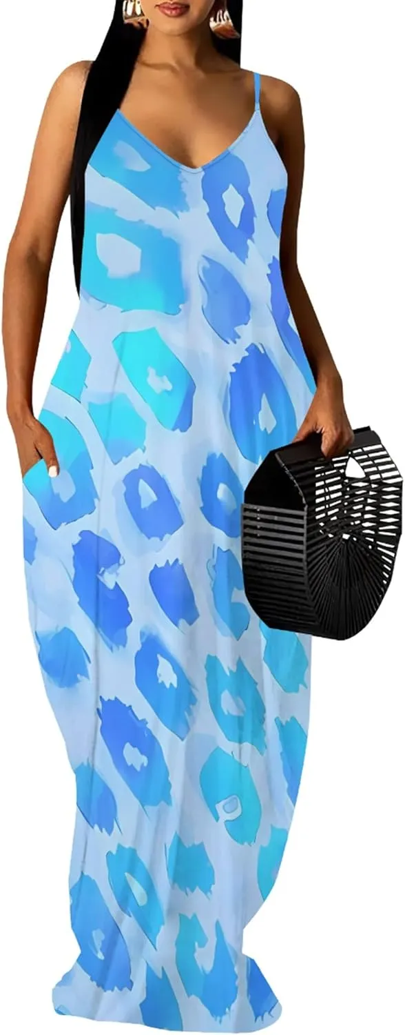 Plus Size Dress for Women 2024 Casual Sleeveless Sundress Loose Spaghetti Strap Long Summer Beach Maxi Dress with Pockets