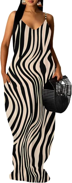 Plus Size Dress for Women 2024 Casual Sleeveless Sundress Loose Spaghetti Strap Long Summer Beach Maxi Dress with Pockets