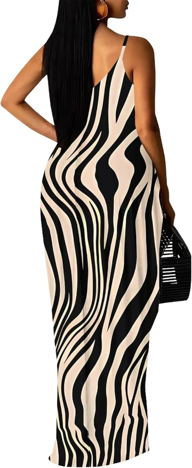 Plus Size Dress for Women 2024 Casual Sleeveless Sundress Loose Spaghetti Strap Long Summer Beach Maxi Dress with Pockets