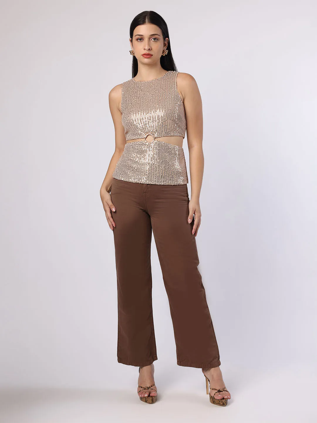 Rose Gold Sequinned Cut-Out Top
