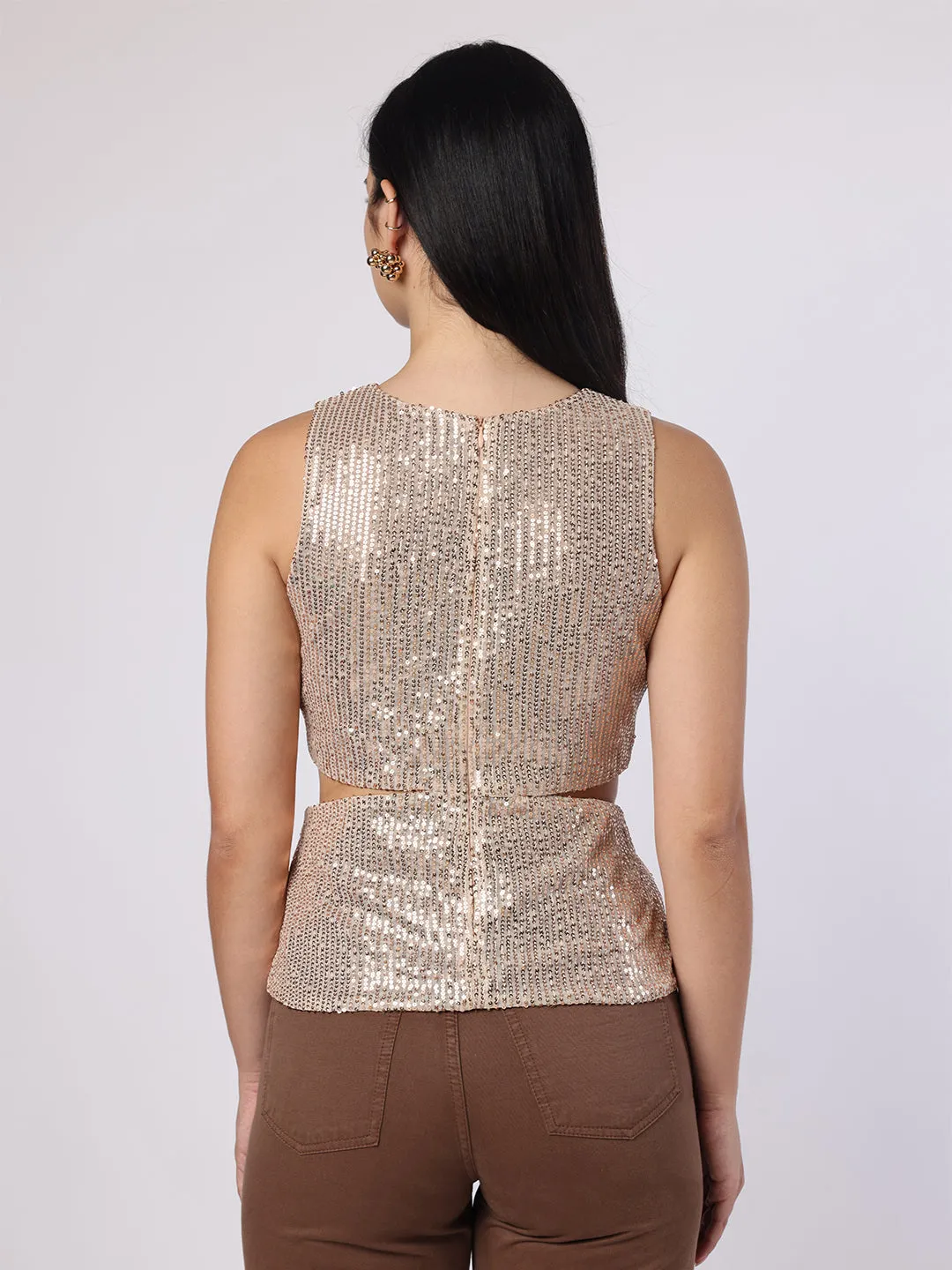 Rose Gold Sequinned Cut-Out Top