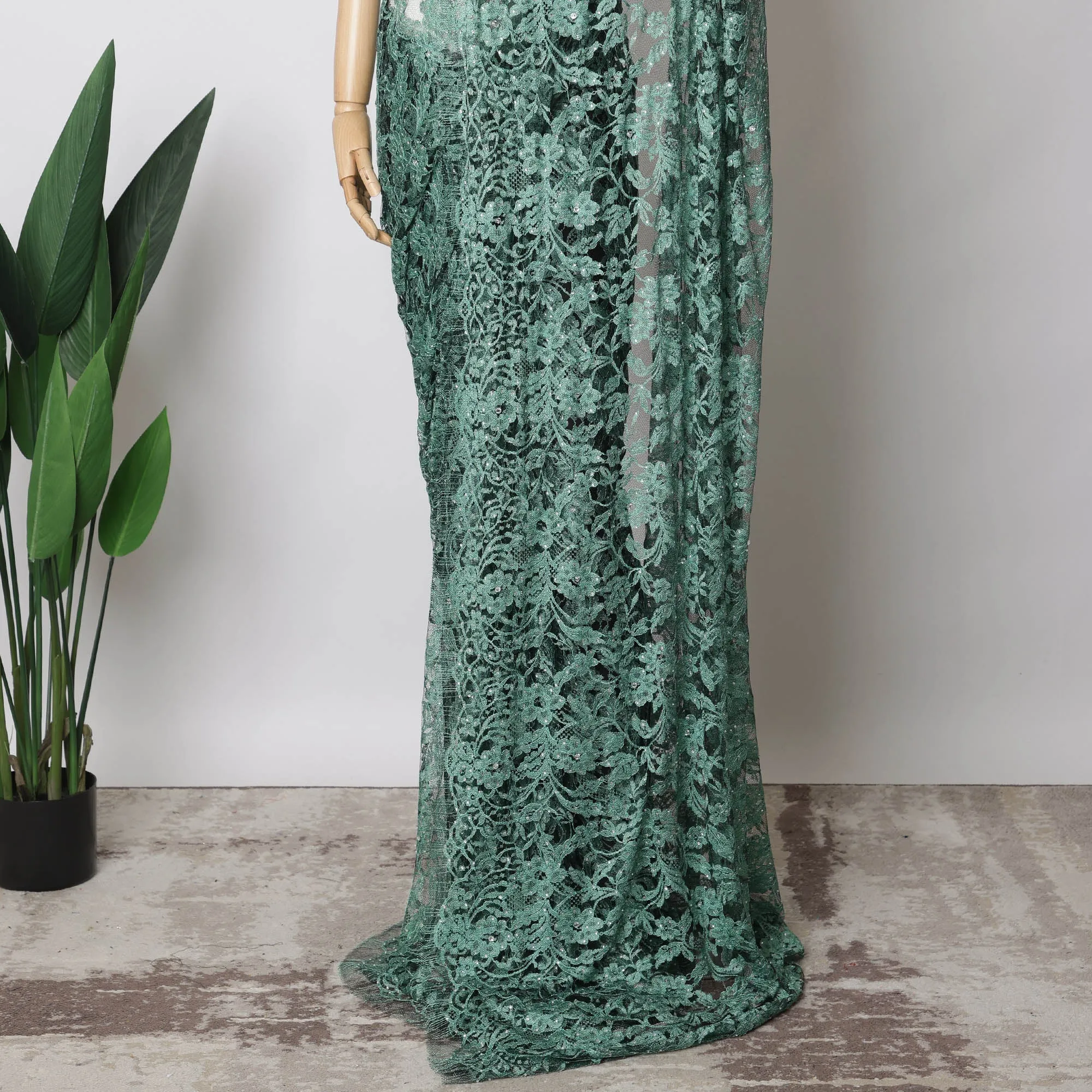 Sea green, Black Two-Tone French Chantilly Lace Fabric with Stone Work – 5.5 Meters, Floral Embroidered Tulle, 110 cm Width-D21061