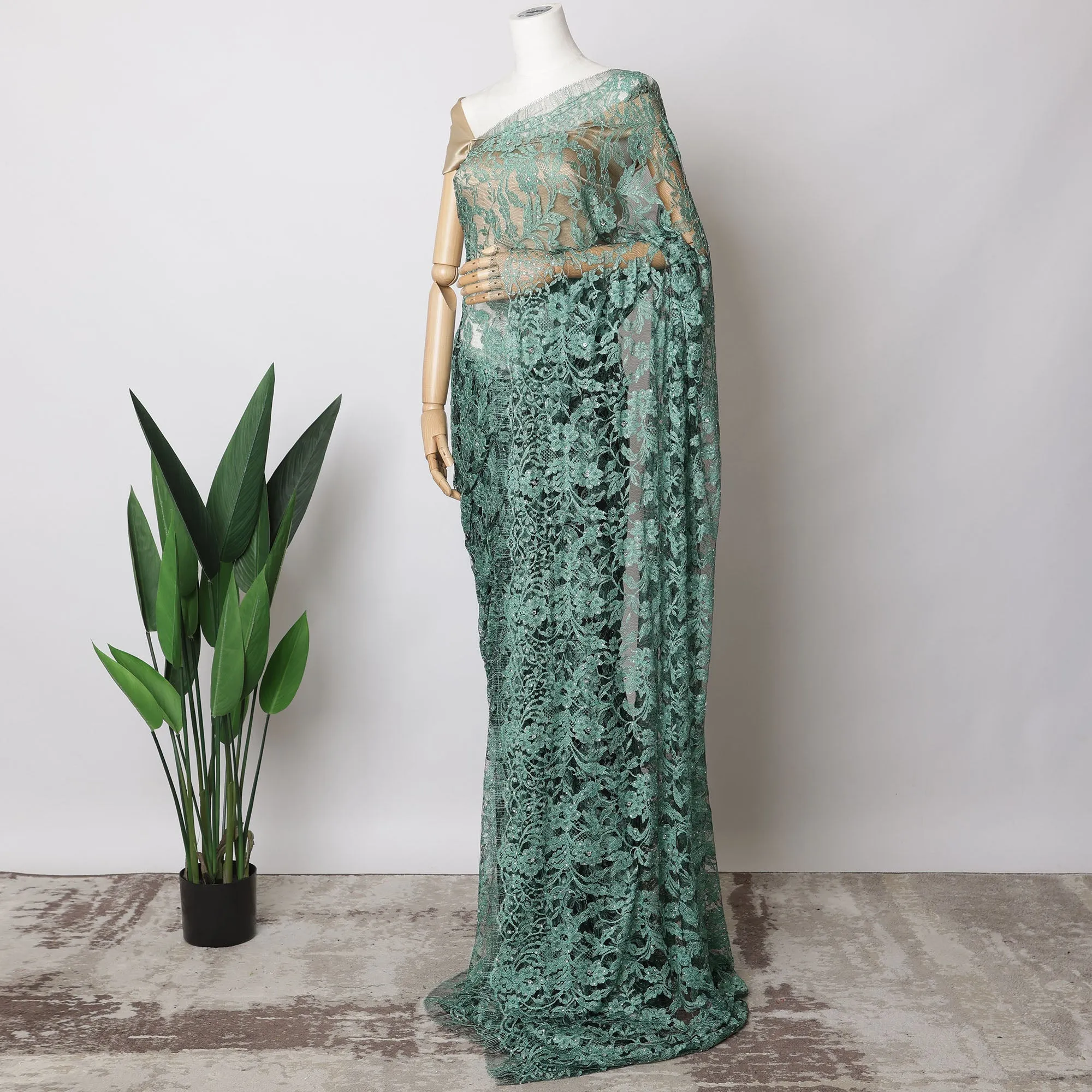 Sea green, Black Two-Tone French Chantilly Lace Fabric with Stone Work – 5.5 Meters, Floral Embroidered Tulle, 110 cm Width-D21061