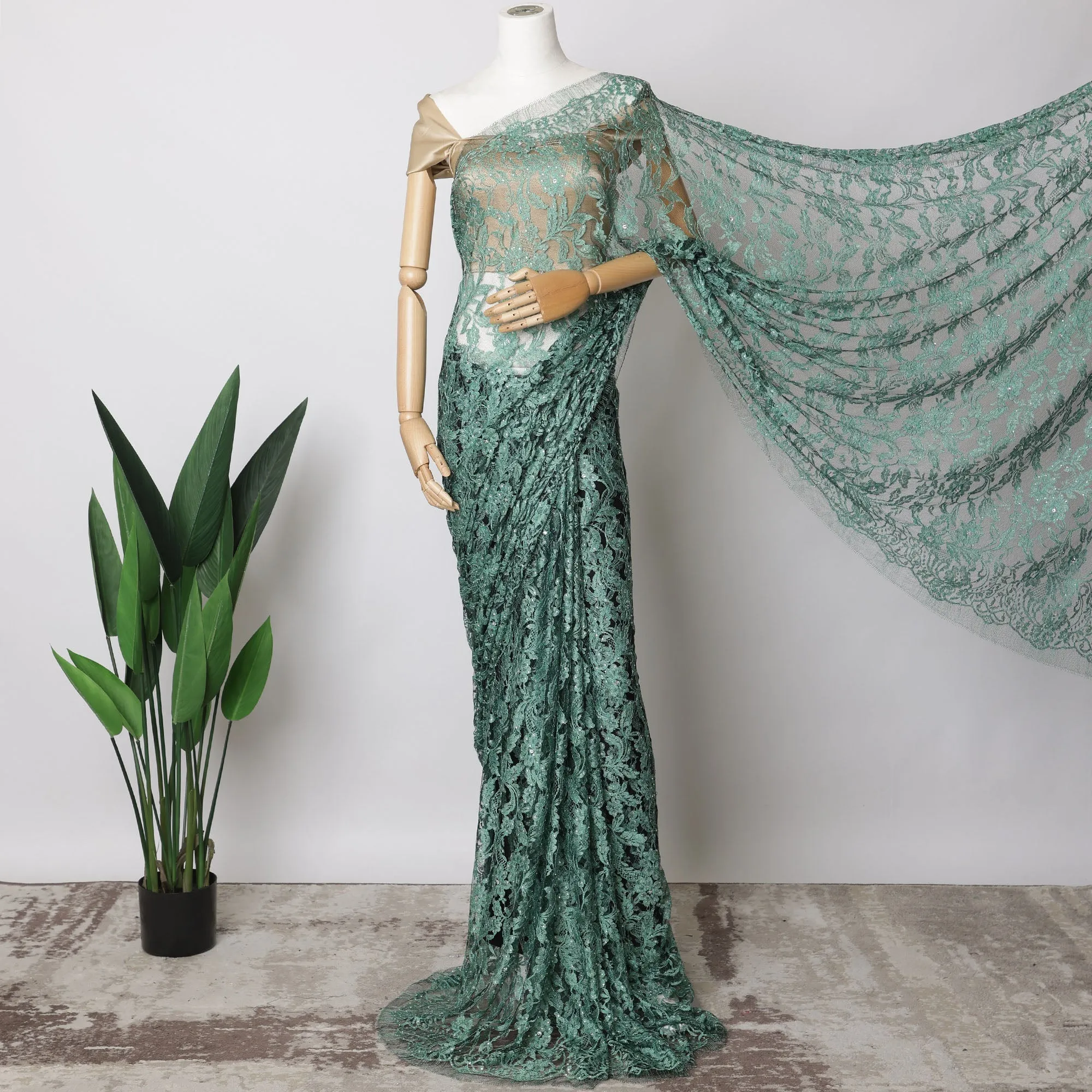 Sea green, Black Two-Tone French Chantilly Lace Fabric with Stone Work – 5.5 Meters, Floral Embroidered Tulle, 110 cm Width-D21061