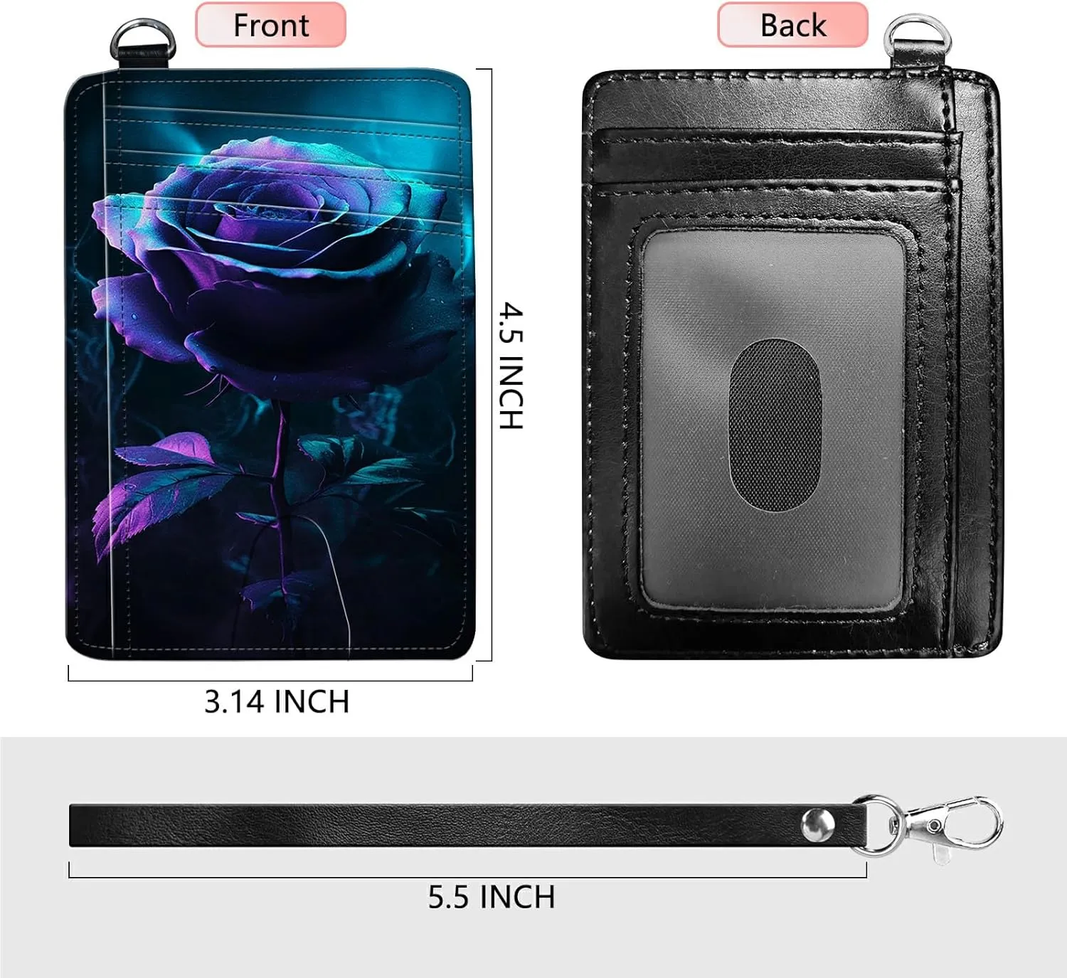 Slim Card Holder with Wristlet Small Wallets for Men Women, RFID Blocking Pocket Keychain Wallet, Blue Purple Rose PU Leather Cute Travel Minimalist Card Organizer Case with ID Window