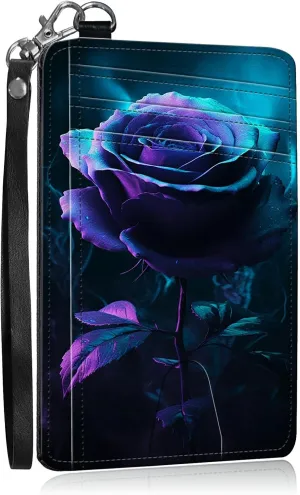Slim Card Holder with Wristlet Small Wallets for Men Women, RFID Blocking Pocket Keychain Wallet, Blue Purple Rose PU Leather Cute Travel Minimalist Card Organizer Case with ID Window