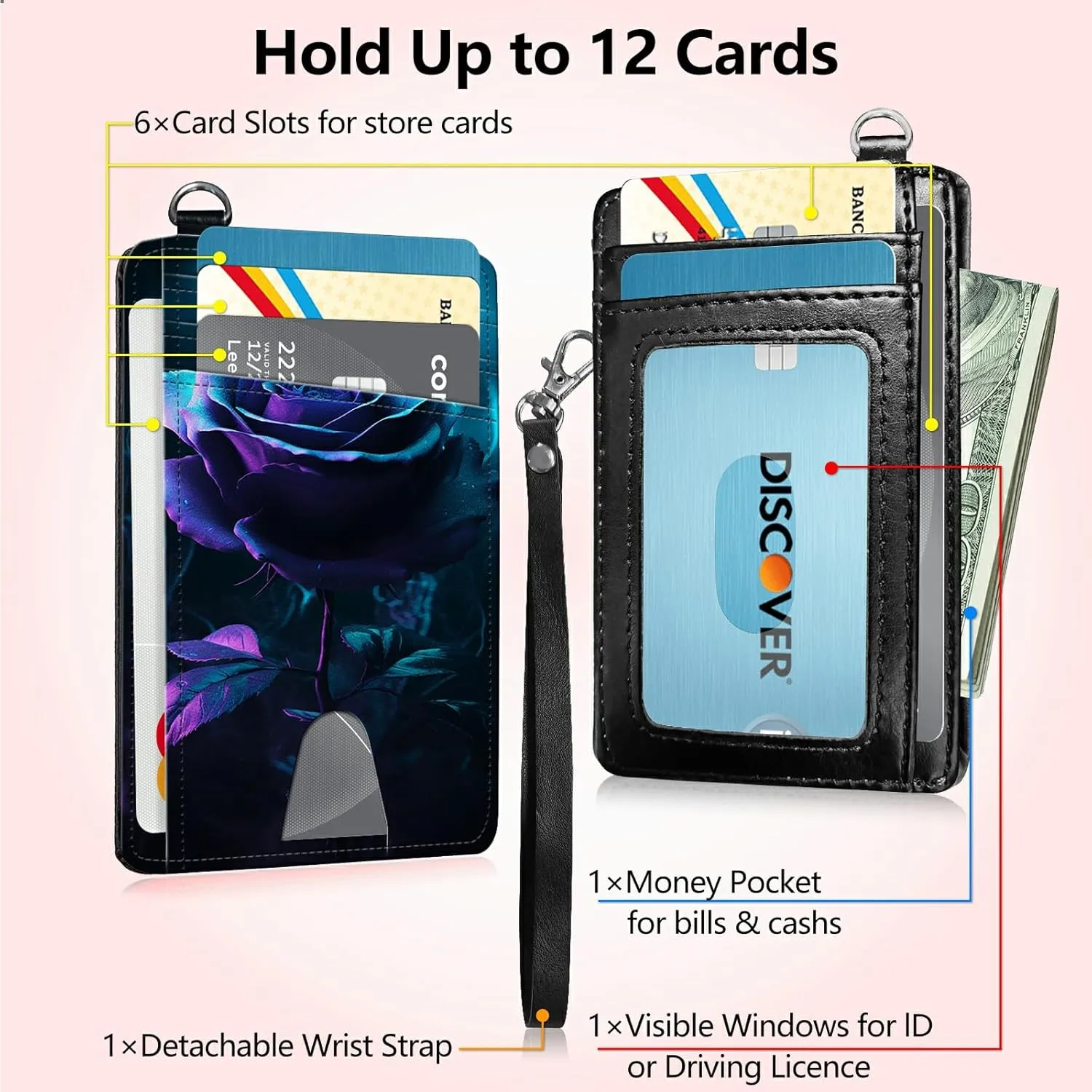 Slim Card Holder with Wristlet Small Wallets for Men Women, RFID Blocking Pocket Keychain Wallet, Blue Purple Rose PU Leather Cute Travel Minimalist Card Organizer Case with ID Window