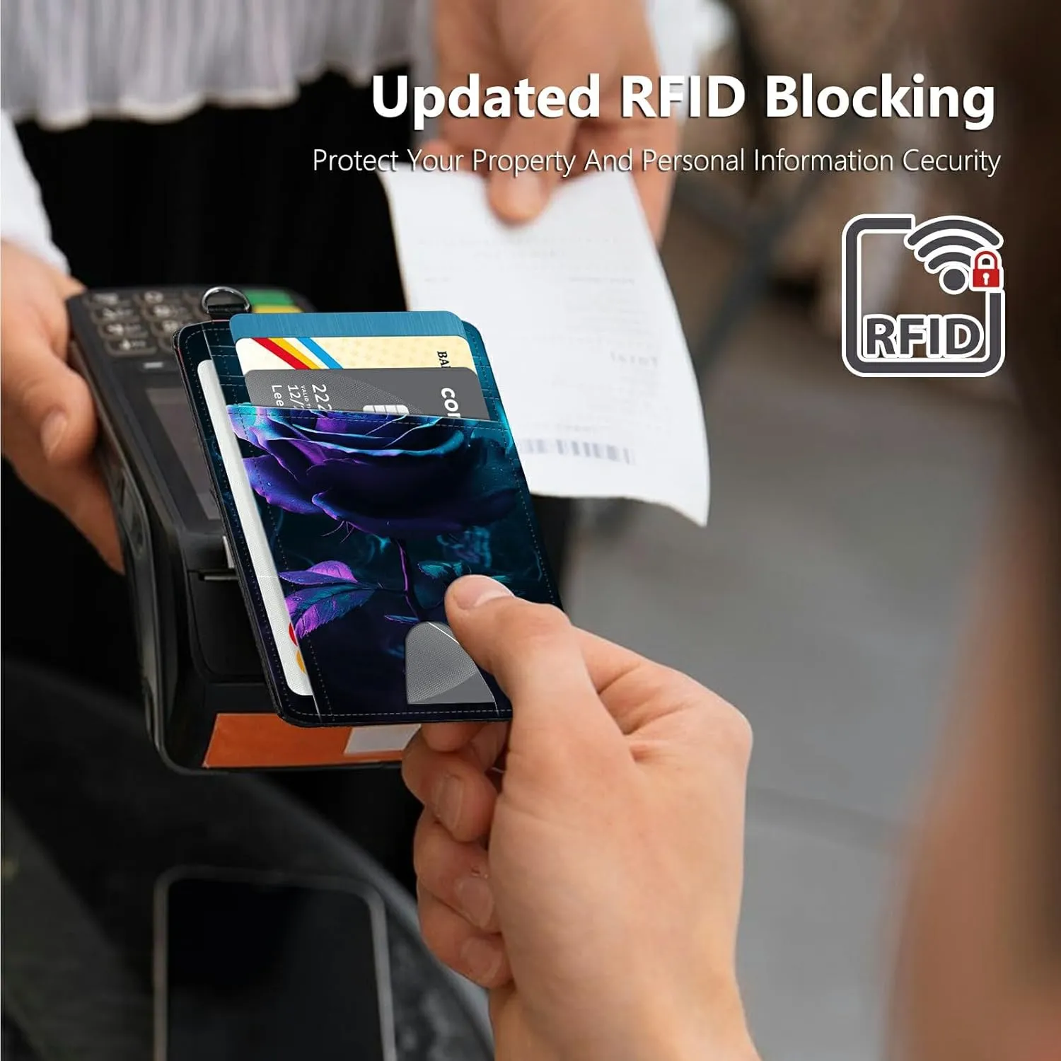 Slim Card Holder with Wristlet Small Wallets for Men Women, RFID Blocking Pocket Keychain Wallet, Blue Purple Rose PU Leather Cute Travel Minimalist Card Organizer Case with ID Window
