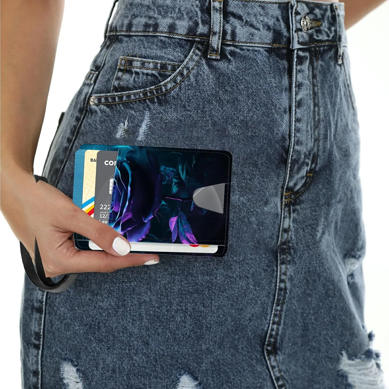 Slim Card Holder with Wristlet Small Wallets for Men Women, RFID Blocking Pocket Keychain Wallet, Blue Purple Rose PU Leather Cute Travel Minimalist Card Organizer Case with ID Window
