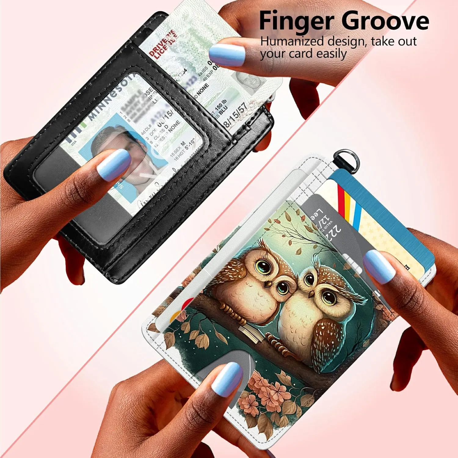 Slim Card Holder with Wristlet Small Wallets for Men Women, RFID Blocking Pocket Keychain Wallet, Couple Owls PU Leather Cute Travel Minimalist Card Organizer Case with ID Window