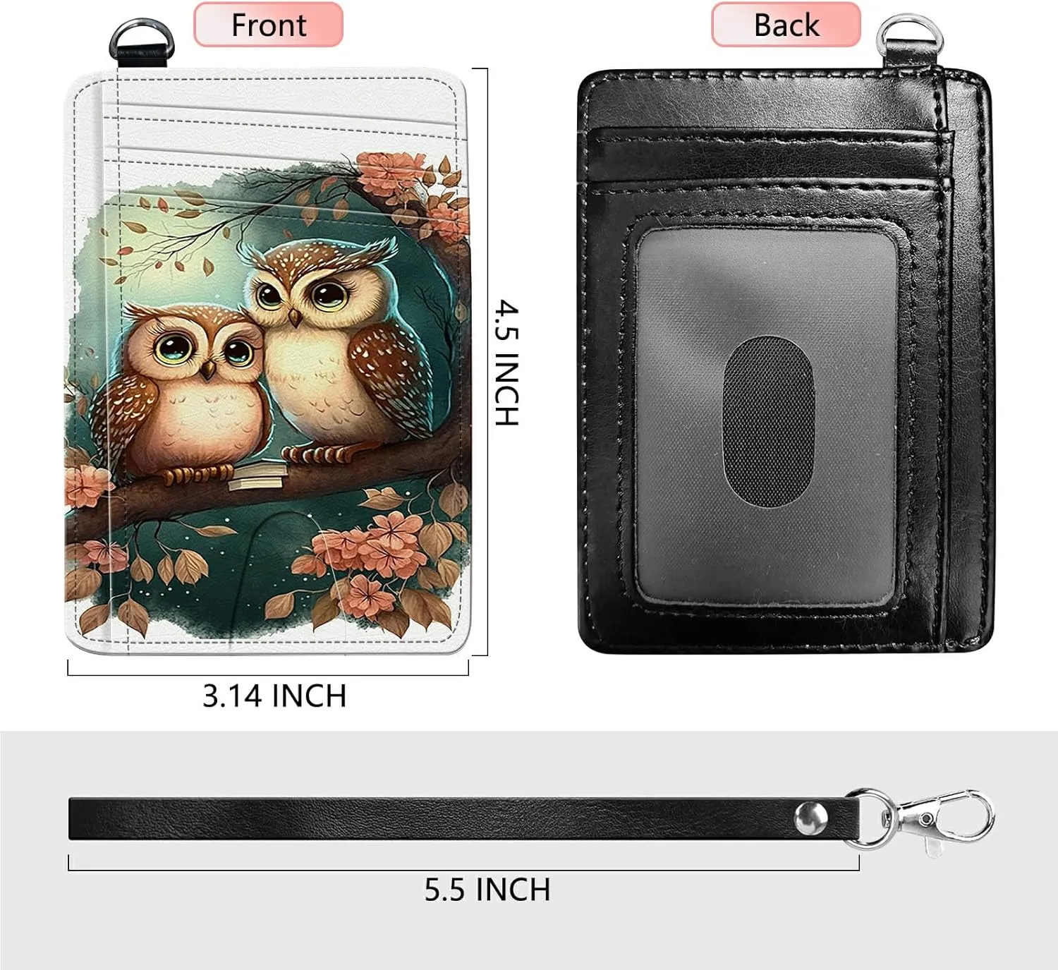 Slim Card Holder with Wristlet Small Wallets for Men Women, RFID Blocking Pocket Keychain Wallet, Couple Owls PU Leather Cute Travel Minimalist Card Organizer Case with ID Window