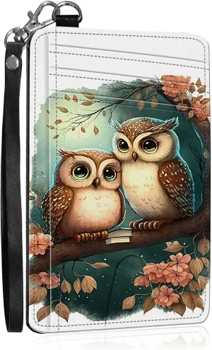 Slim Card Holder with Wristlet Small Wallets for Men Women, RFID Blocking Pocket Keychain Wallet, Couple Owls PU Leather Cute Travel Minimalist Card Organizer Case with ID Window