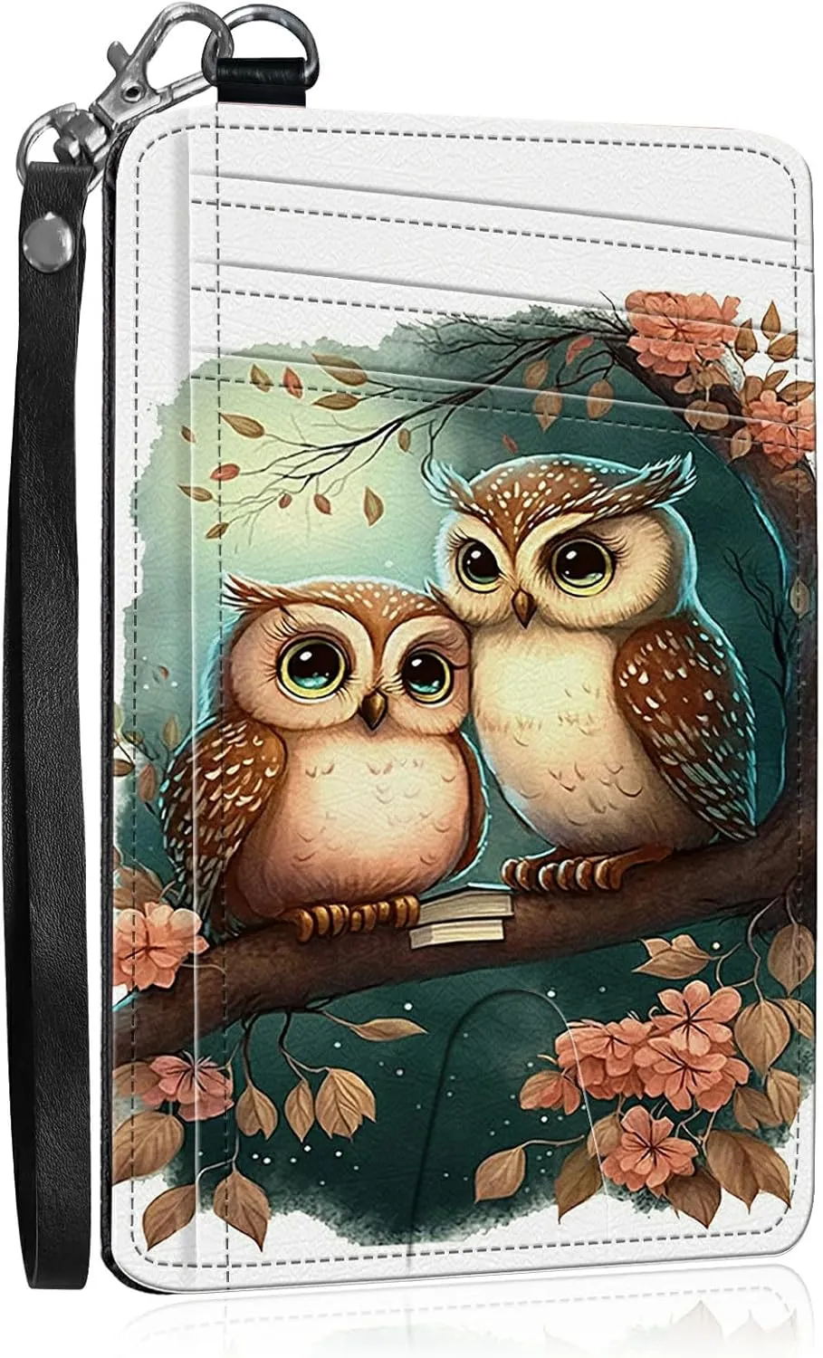 Slim Card Holder with Wristlet Small Wallets for Men Women, RFID Blocking Pocket Keychain Wallet, Couple Owls PU Leather Cute Travel Minimalist Card Organizer Case with ID Window