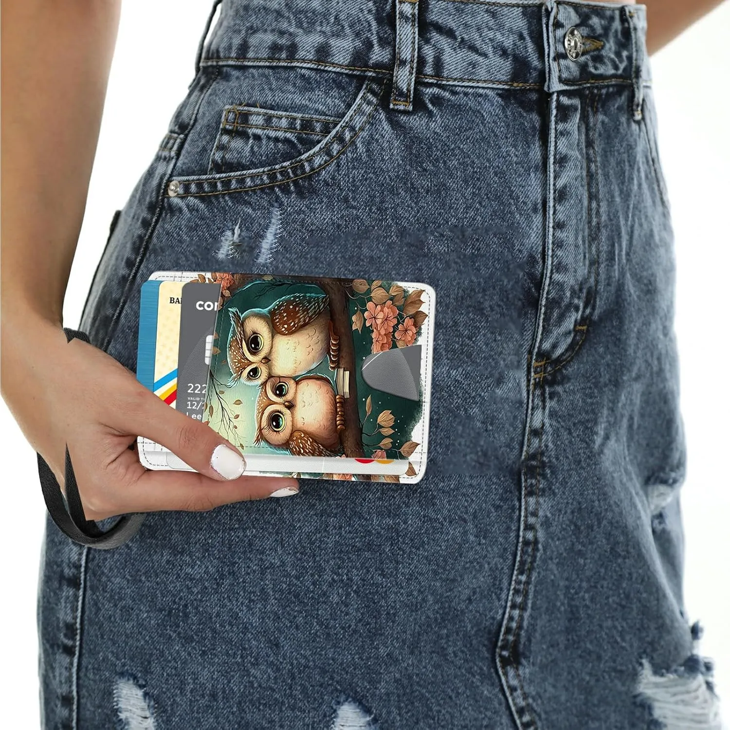 Slim Card Holder with Wristlet Small Wallets for Men Women, RFID Blocking Pocket Keychain Wallet, Couple Owls PU Leather Cute Travel Minimalist Card Organizer Case with ID Window