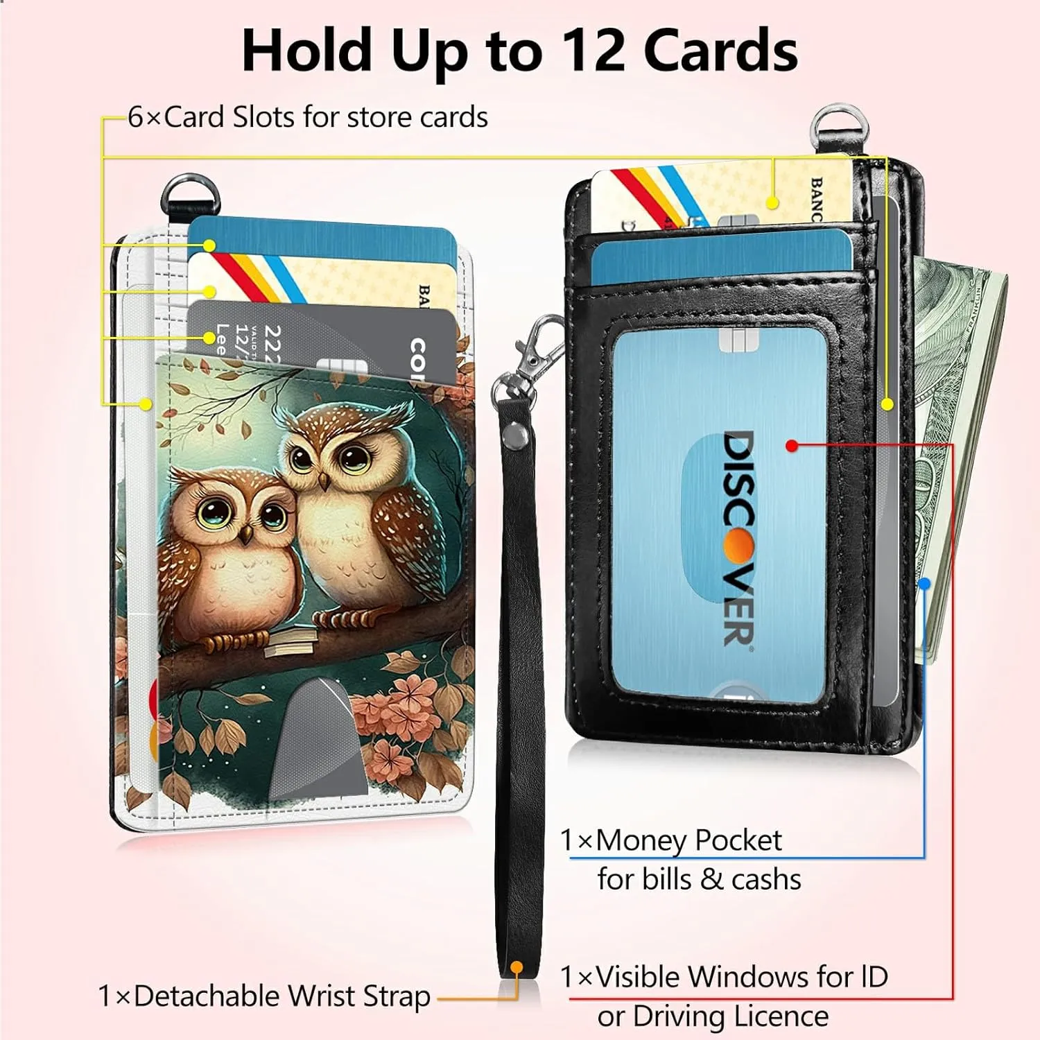 Slim Card Holder with Wristlet Small Wallets for Men Women, RFID Blocking Pocket Keychain Wallet, Couple Owls PU Leather Cute Travel Minimalist Card Organizer Case with ID Window