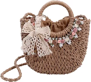 Straw Woven Crossbody Bags for Summer Fashion Woven Tote Bag Crochet Handbag Beach Bag Flower Bag