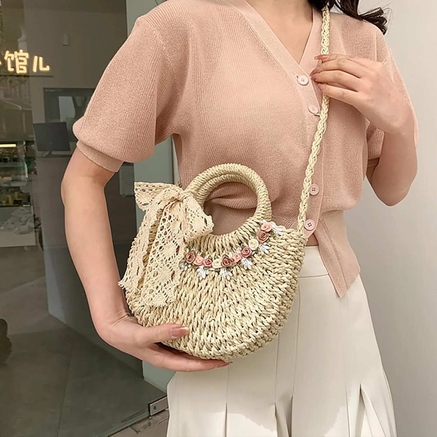 Straw Woven Crossbody Bags for Summer Fashion Woven Tote Bag Crochet Handbag Beach Bag Flower Bag