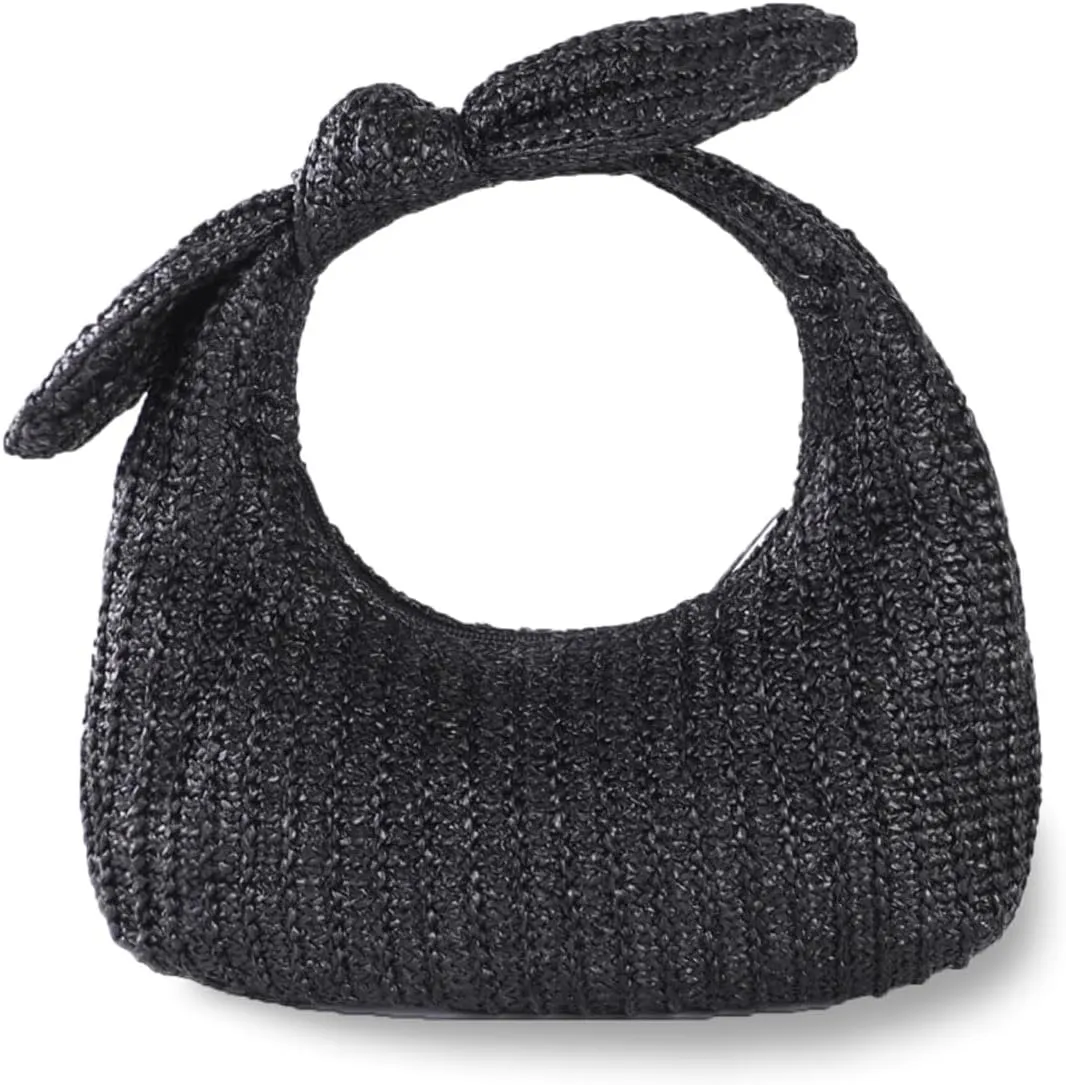 Summer Trendy Straw Purse Clutch for Women Bow Handbags Evening Party Dumpling Bags, Black