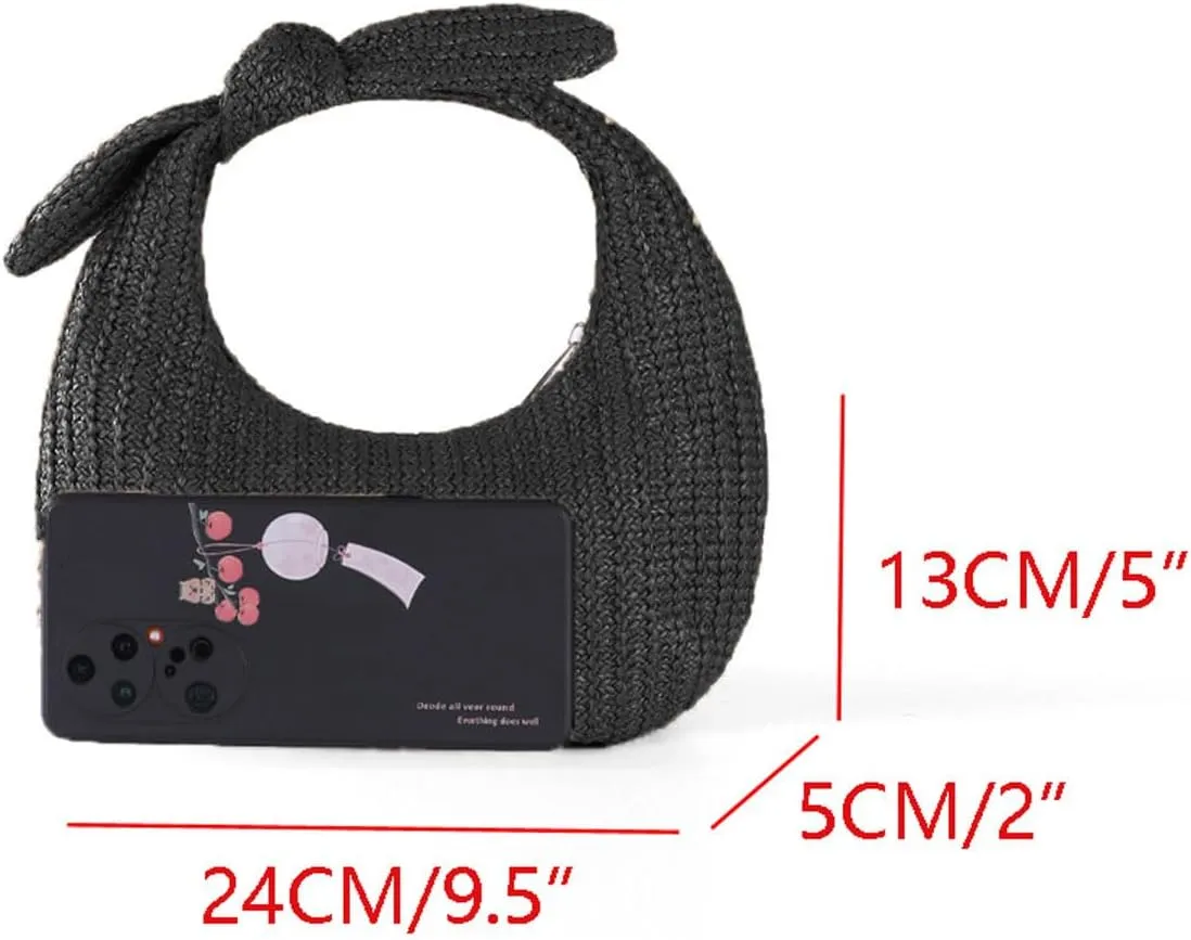 Summer Trendy Straw Purse Clutch for Women Bow Handbags Evening Party Dumpling Bags, Black