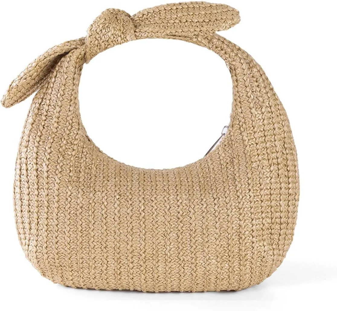 Summer Trendy Straw Purse Clutch for Women Bow Handbags Evening Party Dumpling Bags, Khaki